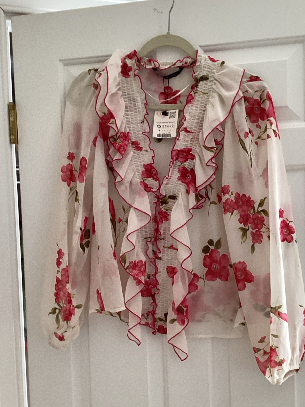 Zara Red Floral Smocked Ruffle Blouse Pink & White NWT